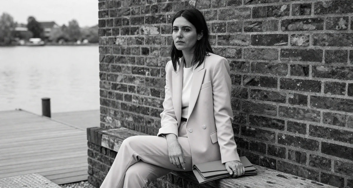 A lonely Female From France, studied fashion design in their 25, forcing productivity during slow months, wearing a tailored pantsuit in pastel pink with a white top, clutching a clutch bag in a serene lakeside dock.