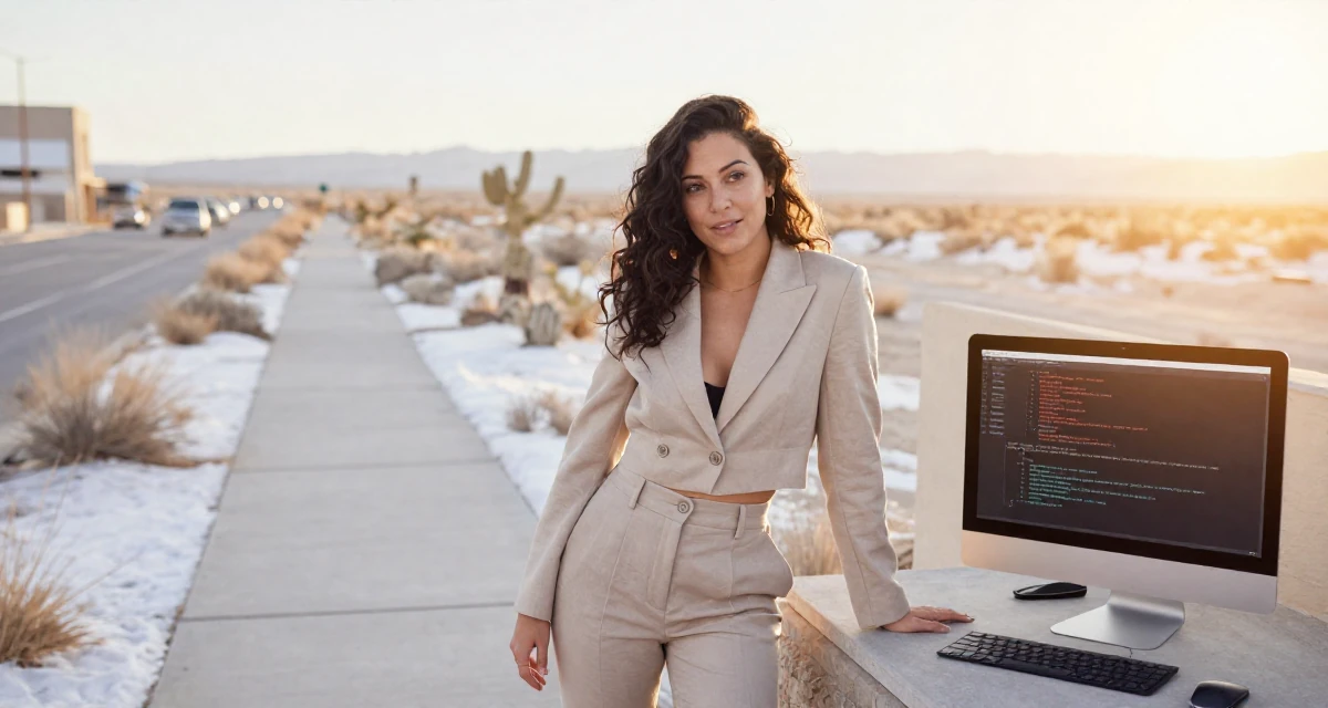 A innocent Female Former Uber driver, now building slow-burn lifestyle storytelling in their 33, teaching coding and tech skills online, wearing a cropped business jacket and high-waisted pants, shifting weight impatiently in a snowy sidewalk.