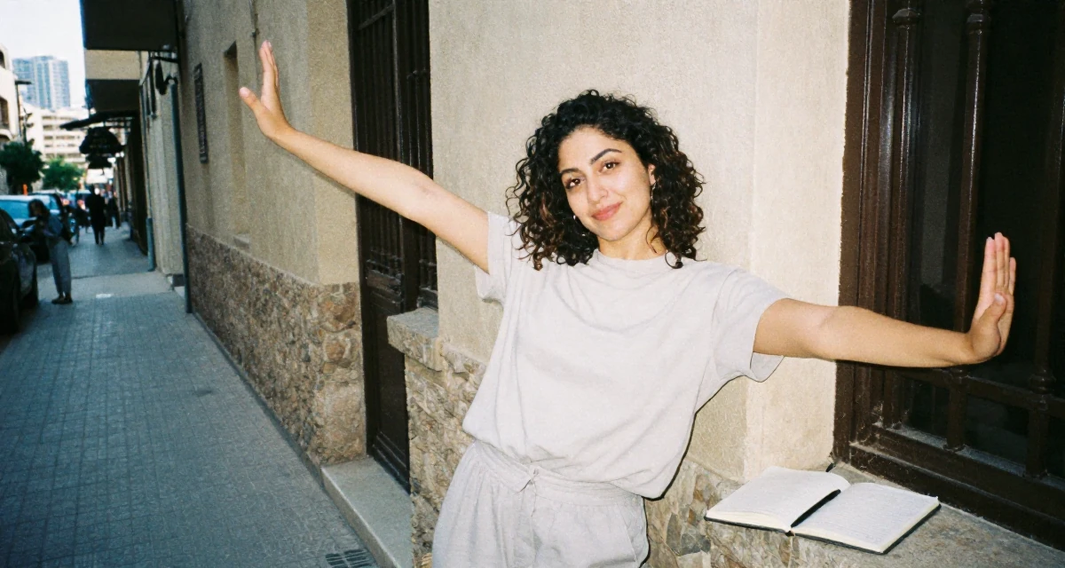 A resilient Female From Morocco, majored in web development in their 22, maintaining emotional distance while delivering flirty energy, wearing a clean, neutral-toned casual outfit, stretching arms after waking in a city sidewalk.