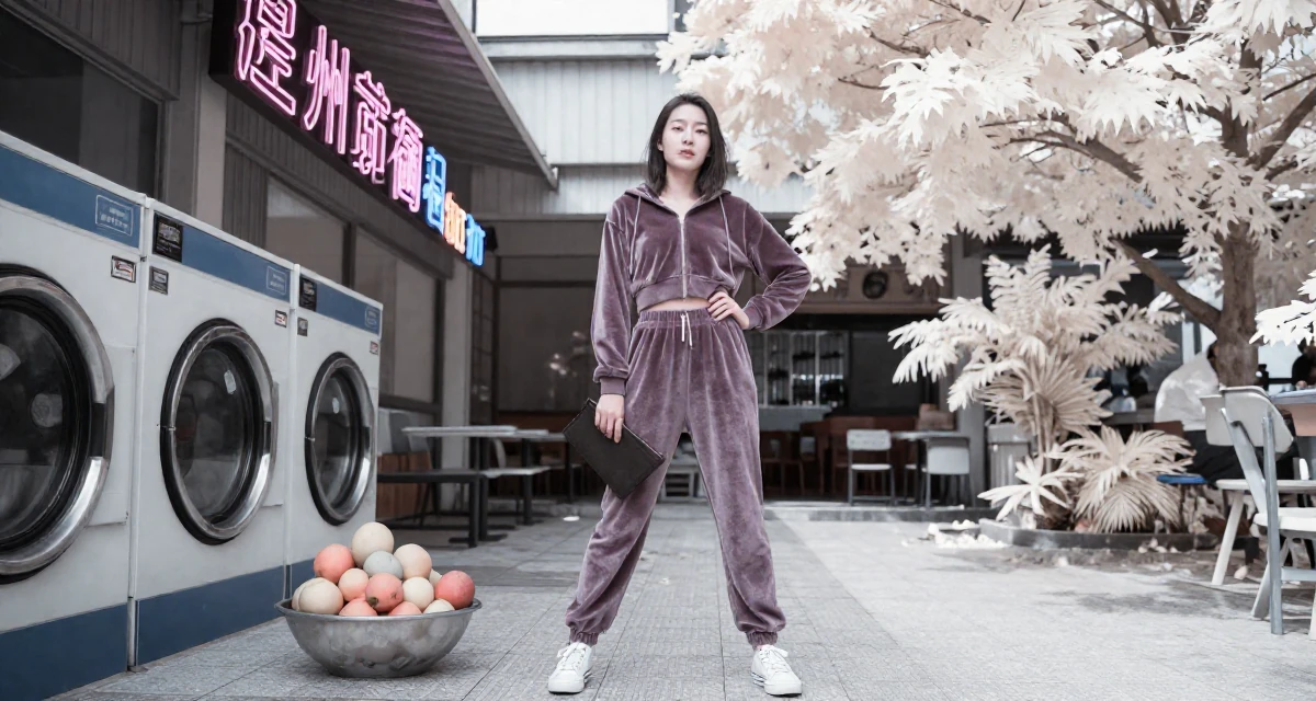 A unbothered Female From Suzhou China, holds a degree in architecture in their 25, building confidence by experimenting with poses, wearing a velour tracksuit with a cropped zip-up hoodie, clutching a clutch bag in a laundromat with neon signs.