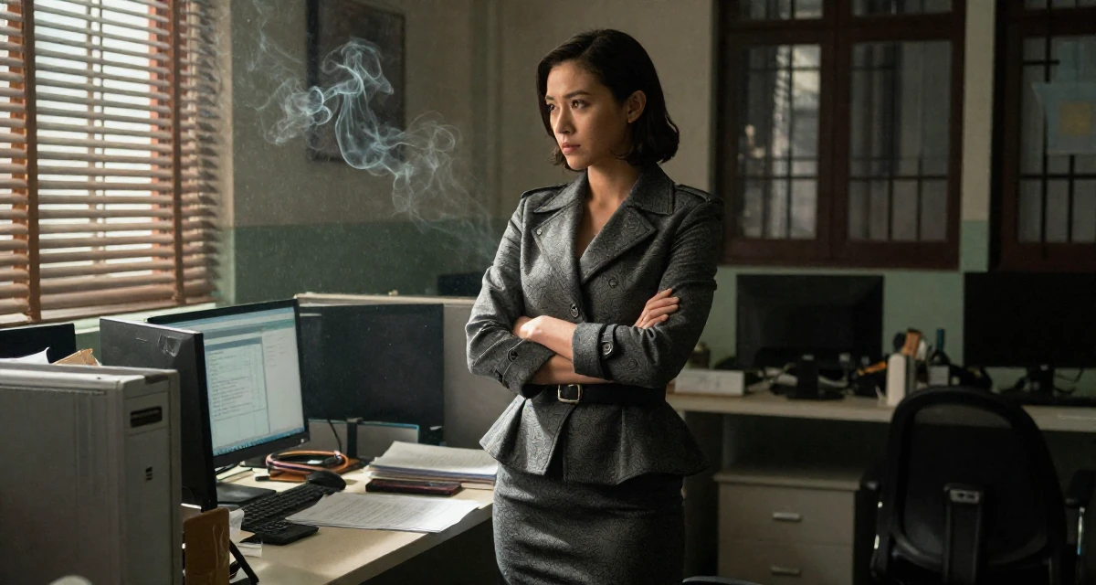 A nostalgic Female From Hong Kong, based in Kowloon, graduated from a community college majoring in film studies in their 20, balancing part-time jobs with intense study schedules, wearing a structured peplum jacket and a tight skirt, adjusting a belt in a office break room.