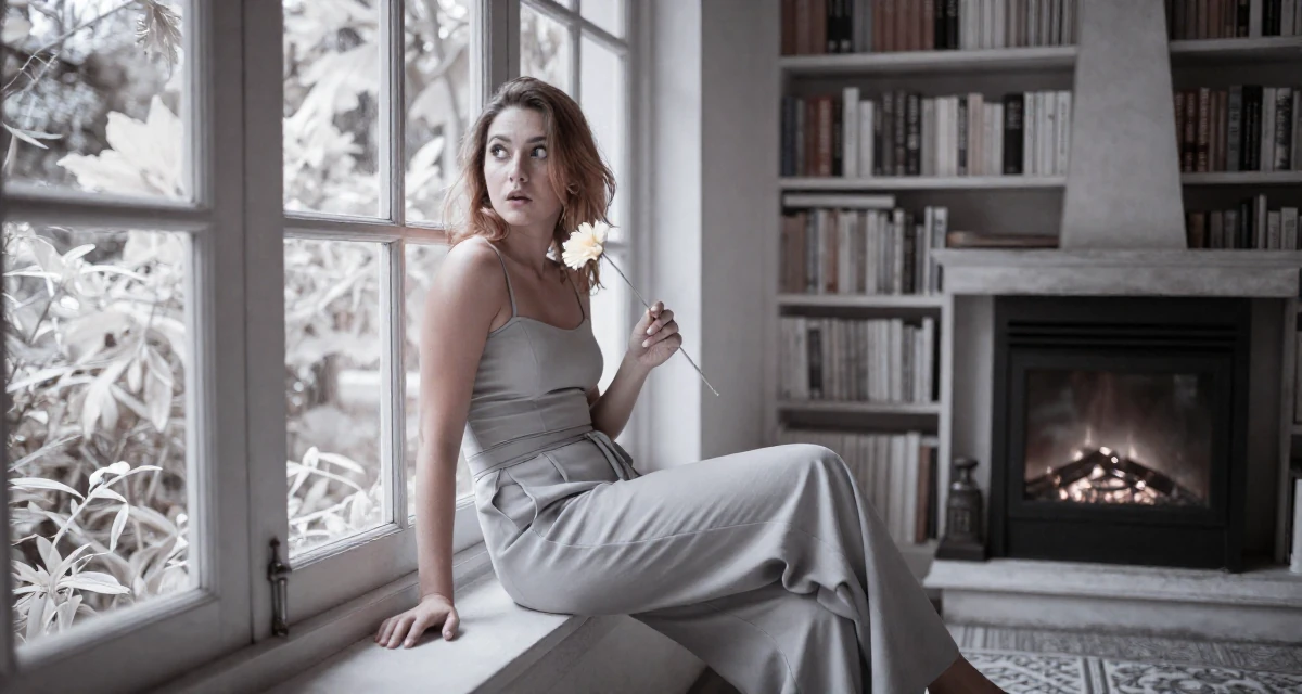 A whimsical Female From Penang Malaysia, explored sensual storytelling through dance videos in their 30, weighing long-term health against constant digital hustle, wearing a fitted waist coat and wide leg trousers, holding a single flower in a library aisle.