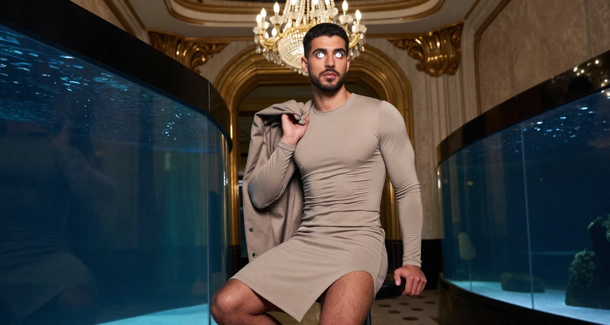 A confident male From Tunisia, majored in data science in their 24, taking care of their physical health consistently, wearing a tight long-sleeve bodysuit and a slit midi skirt, holding a jacket over a shoulder in a aquarium tunnel.