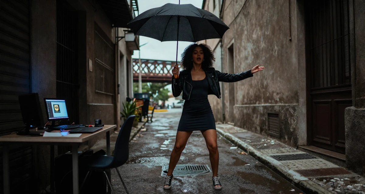 A wild Female From São Paulo Brazil, practiced samba dance and sensual movement in their 27, investing in equipment instead of vacations, wearing a cropped leather jacket and a bodycon dress, holding an umbrella in a neon-lit alleyway.