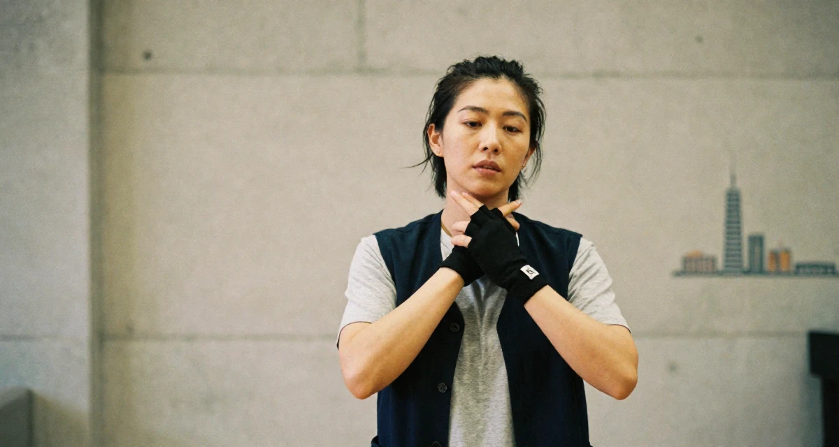 A commanding Female Former street-dance trainee, now offering choreography-based fan content in their 47, revitalizing a marriage after twenty years, wearing a casual vest and t-shirt layer, putting on a glove in a yoga studio.