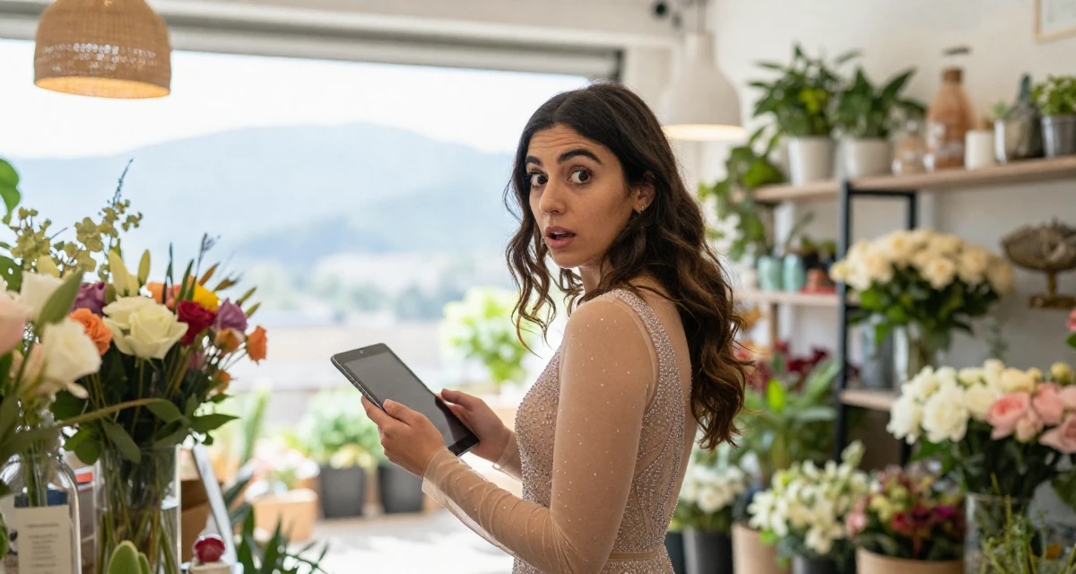 A subtly surprised Female From Palestine, studied community development in their 26, seeking deeper meaning in daily work, wearing a ice skater sparkly dress with sheer sleeves, holding a tablet device in a flower shop.