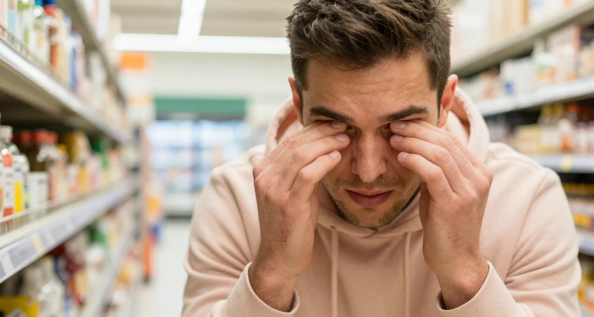 A intense male From UK, studied criminology in their 34, sharing the journey of infertility and hope, wearing a soft pastel-colored ensemble, rubbing eyes in a supermarket aisle.