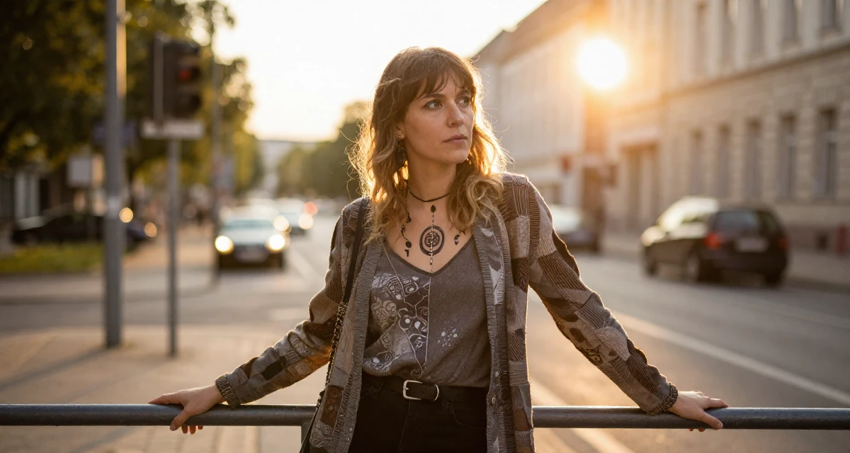 A mysterious Female From Berlin Germany, explored body art and alternative fashion scenes in their 44, expert in negotiation and communication skills, wearing a artistic layered clothing, holding a railing in a radio station.