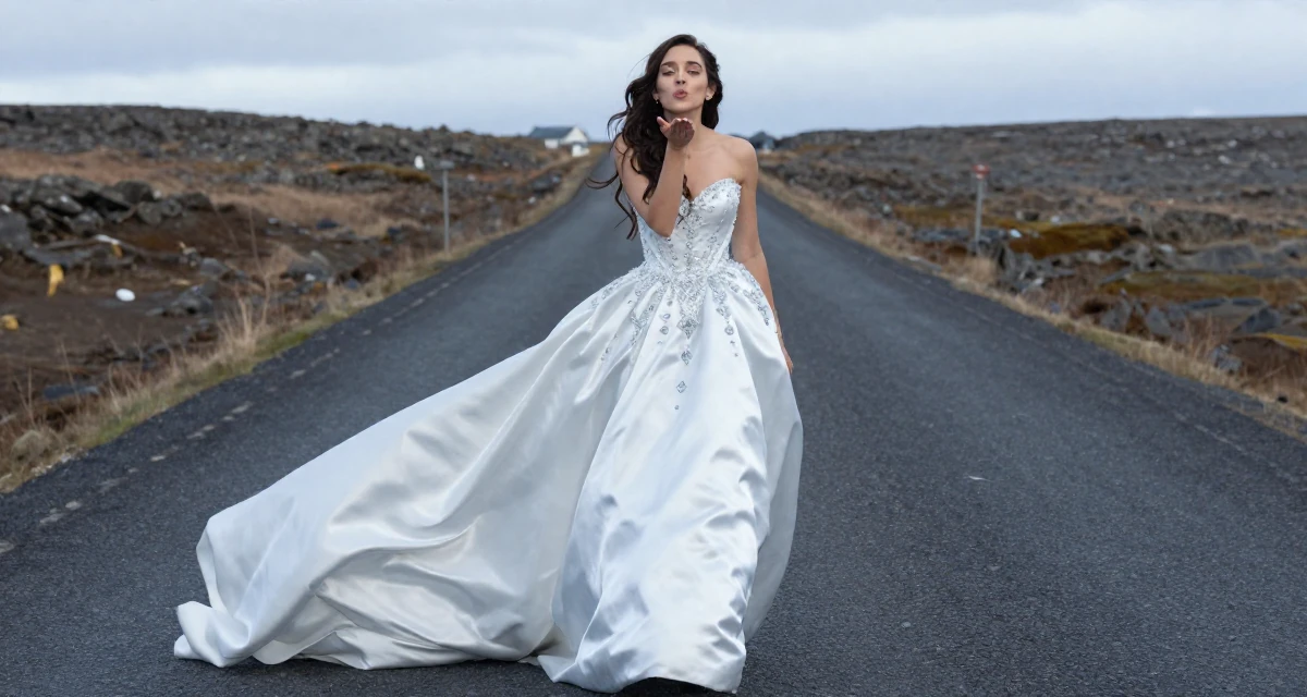 A dreaming Female From Iceland, majored in renewable energy studies in their 25, shaping long-term career direction, wearing a snow queen gown with ice crystal details, blowing a kiss in a country road.