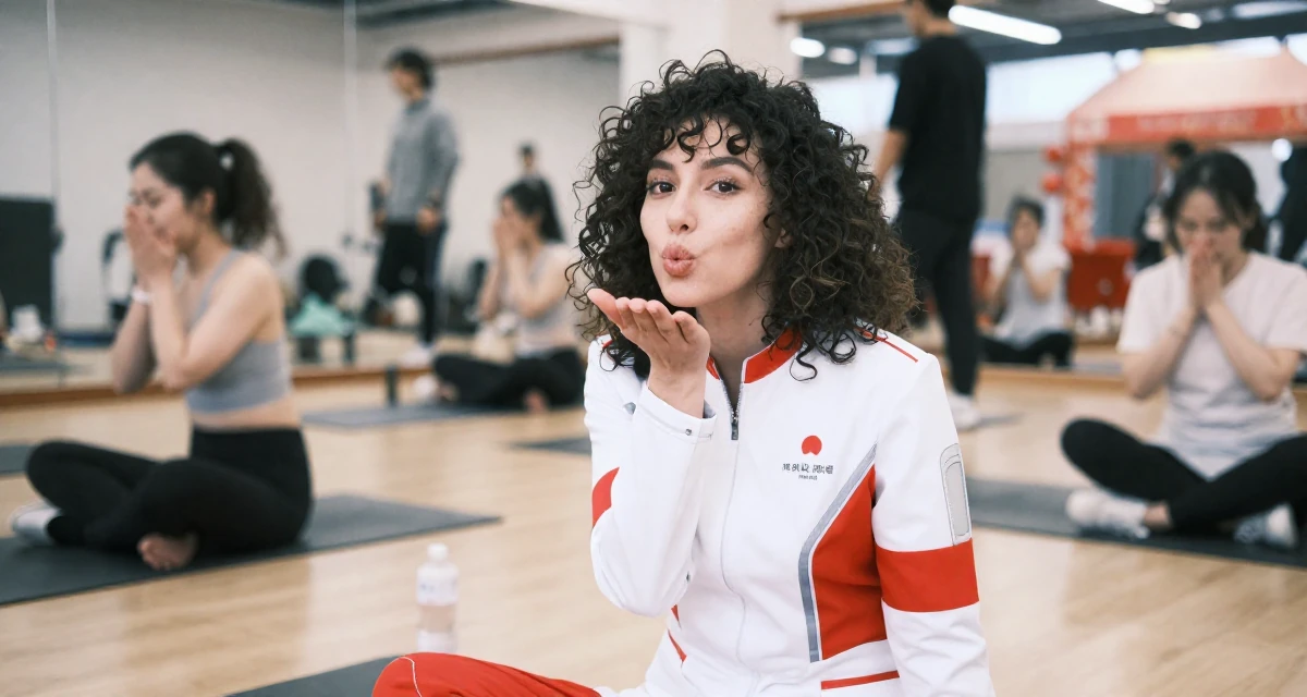 A aloof but intriguing Female From Hangzhou China, studied online commerce and lifestyle branding in their 20, chasing internet fame and creative validation, wearing a futuristic medic uniform with white and red details, blowing a kiss in a yoga studio.