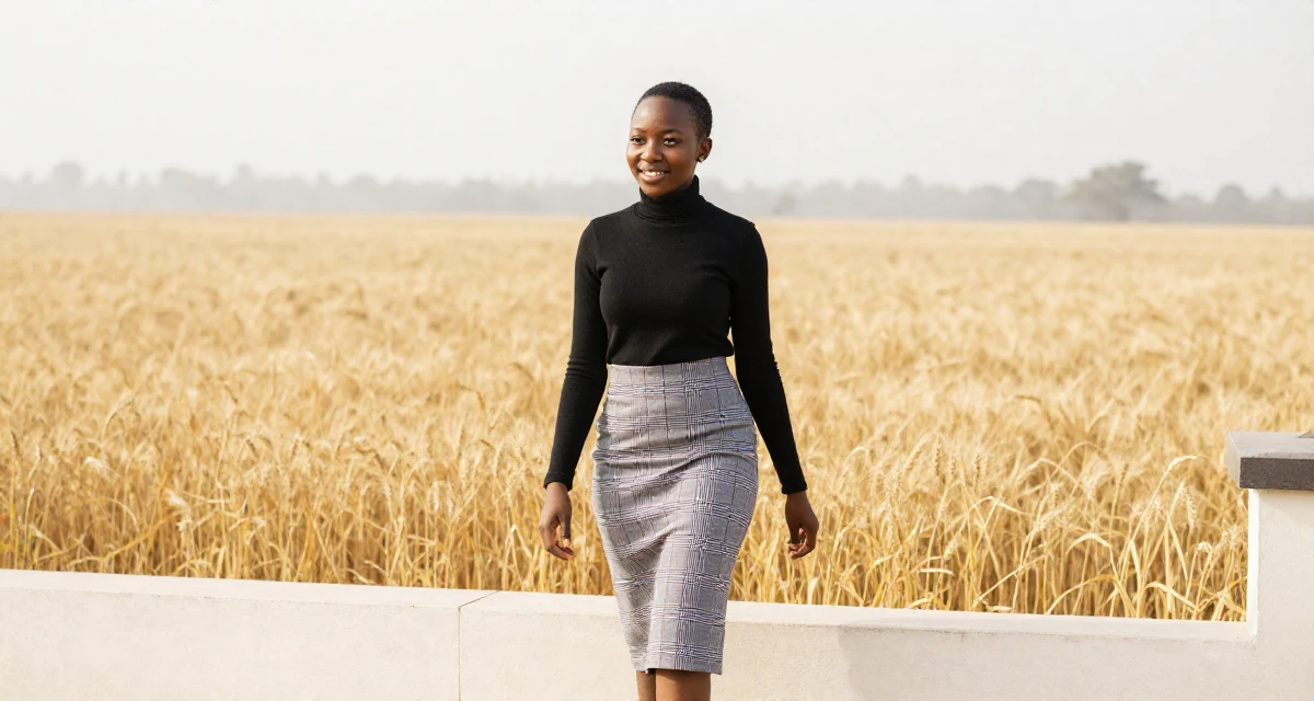 A delighted Female From Zimbabwe, studied computer programming in their 24, handling the transition from student to adult identity, wearing a classic black turtleneck tucked into a plaid midi skirt, pausing mid-step in a golden wheat field.