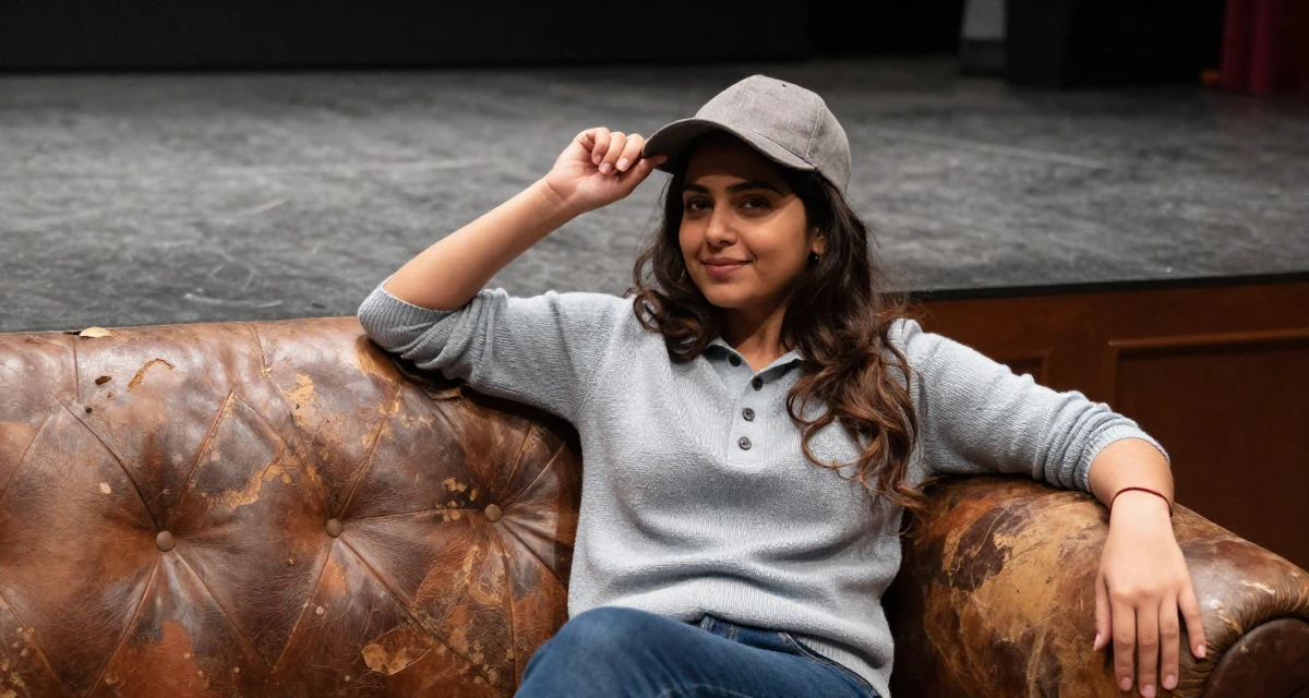 A softly smiling Female From Pakistan, majored in mass communication in their 37, creating a slow-living lifestyle in the suburbs, wearing a smart knit polo, adjusting a hat in a empty theater stage.