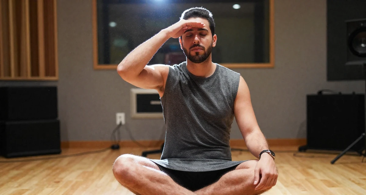 A thoughtful male From Lebanon, majored in digital journalism in their 22, managing new financial responsibilities, wearing a sheath dress in charcoal grey that hugs the curves, shading eyes with a hand in a music recording studio.