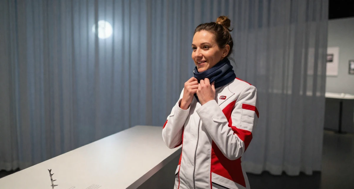 A cheerful Female From Aarhus Denmark, studied digital concept development in their 36, preparing for a second child, wearing a futuristic medic uniform with white and red details, wrapping a scarf around the neck in a museum exhibit.