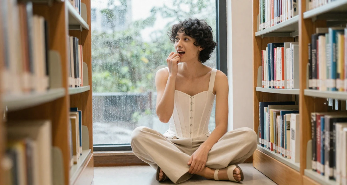 A eager male Former bakery assistant, now crafting sweet, soft-aesthetic creator vibes in their 28, recovering from a failed startup, wearing a corset-style top and wide-leg trousers, biting a lip thoughtfully in a library aisle.