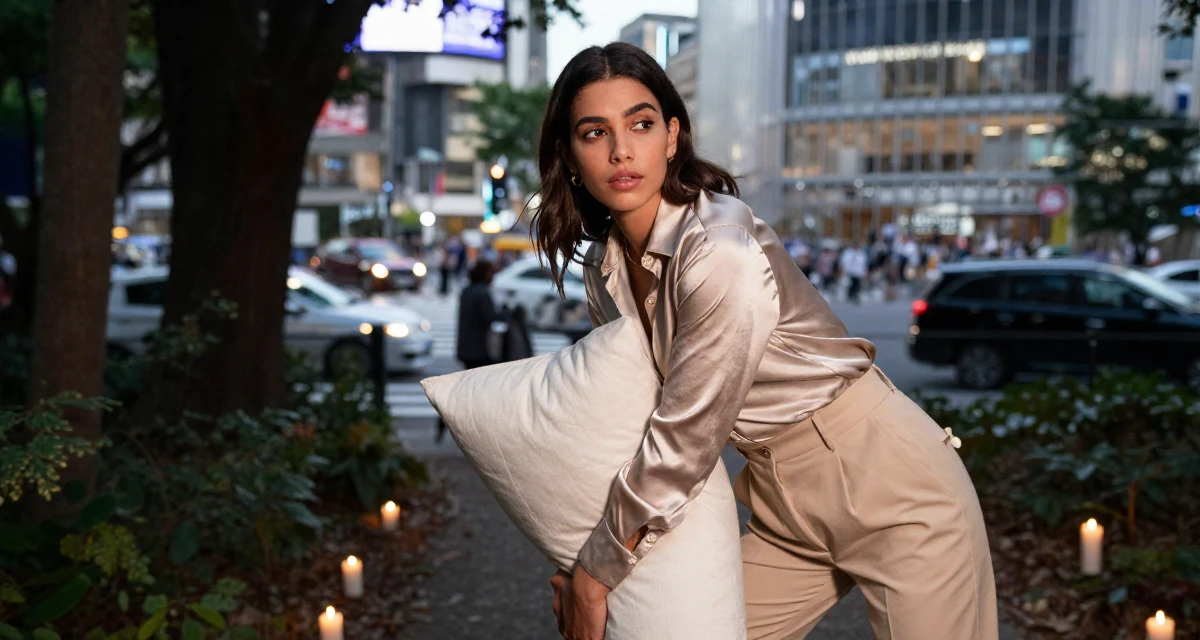 A expectant Female From Arabic-speaking world, studied international logistics in their 23, looking sophisticated but feeling lost inside, wearing a high-waisted beige trousers and a tucked-in satin blouse, hugging a pillow or cushion in a forest path.