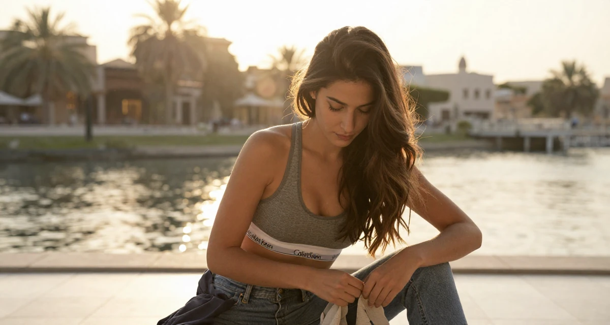 A coy Female From Dubai UAE, majored in luxury branding and lifestyle presentation in their 22, learning workplace expectations and boundaries, wearing a classic calvin klein style sports bra and jeans, buttoning a jacket in a yoga studio.