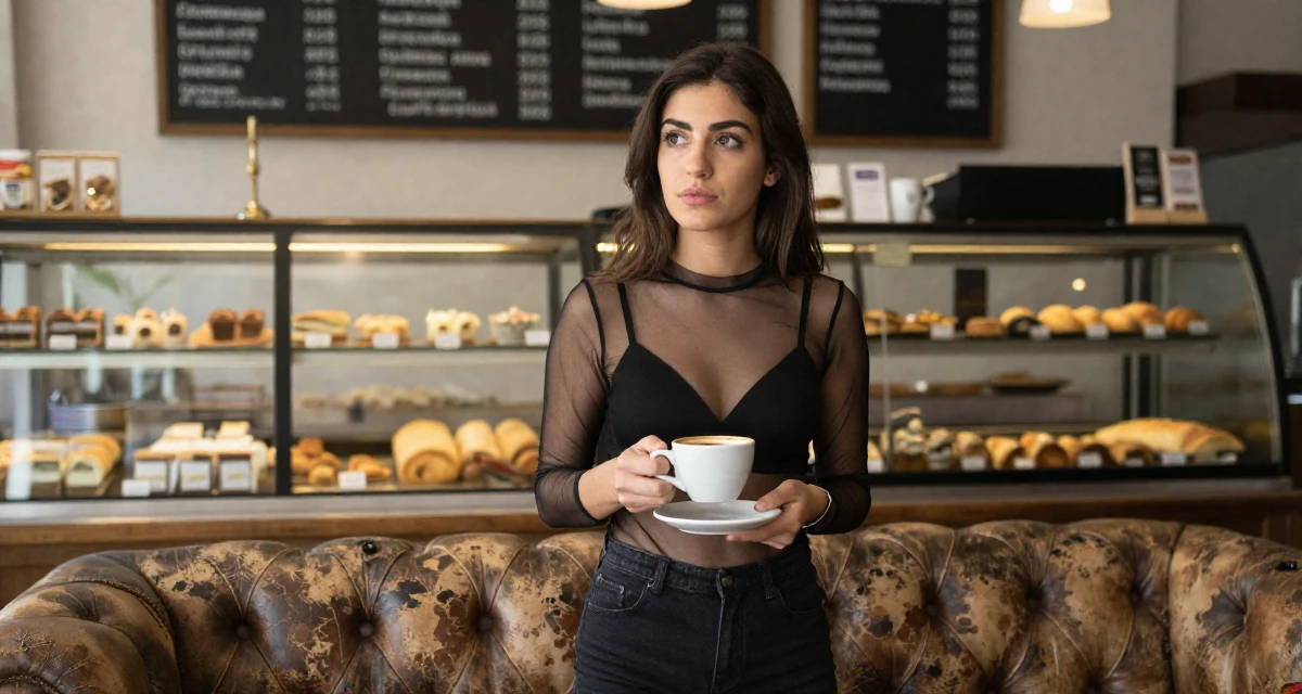 A thoughtful Female From Turkey, has a degree in tourism management in their 28, learning to separate self-worth from subscriber numbers, wearing a sheer mesh top layered over a black bralette, holding a cup of coffee in a bakery counter.