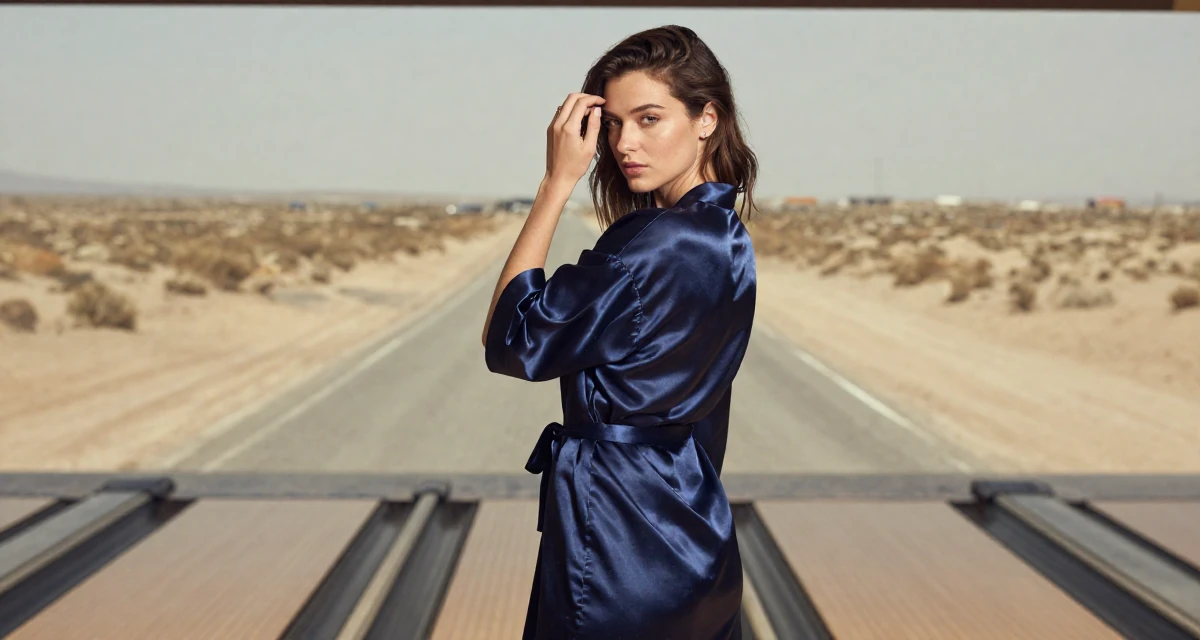 A self-assured Female From Italy, studied product design in their 23, pretending everything is fine while barely covering bills, wearing a silky kimono robe worn open over loungewear, tucking hair behind an ear in a bowling alley.