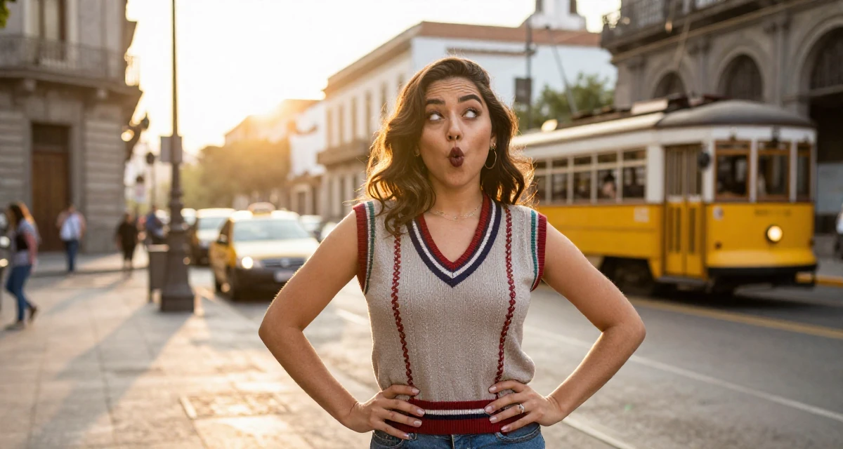 A sensual Female From Mexico, studied cultural studies in their 23, experimenting with playful facial expressions, wearing a preppy sweater vest combo, waiting for a taxi in a art gallery.