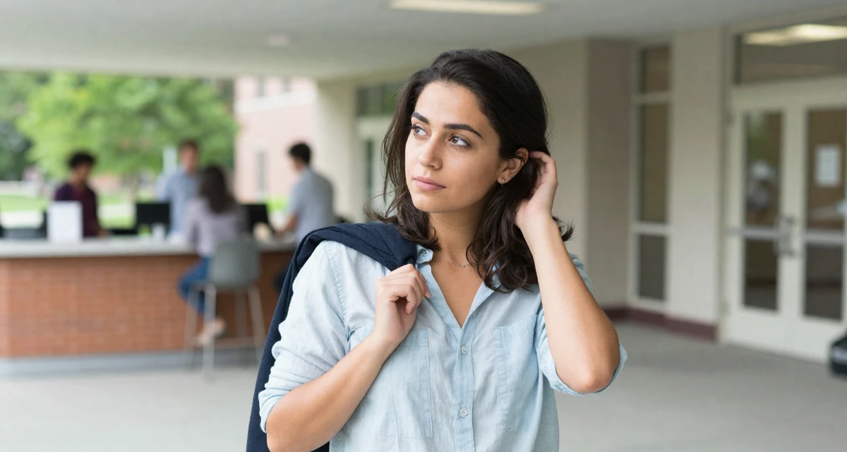 A aloof but intriguing Female From Canada, studied kinesiology in their 25, embracing full creative control over a bold persona, wearing a relaxed vacation shirt, holding a jacket over a shoulder in a university campus.