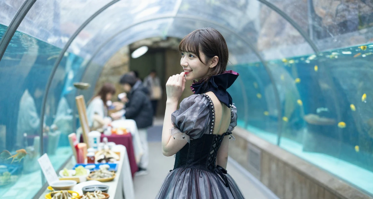 A hopeful Female From Japan, based in Fukuoka, graduated from a media college majoring in soft-glam creative production in their 23, learning to rebuild after severe drops in engagement, wearing a vampire queen gown with a high collar and corset, biting a lip thoughtfully in a aquarium tunnel.