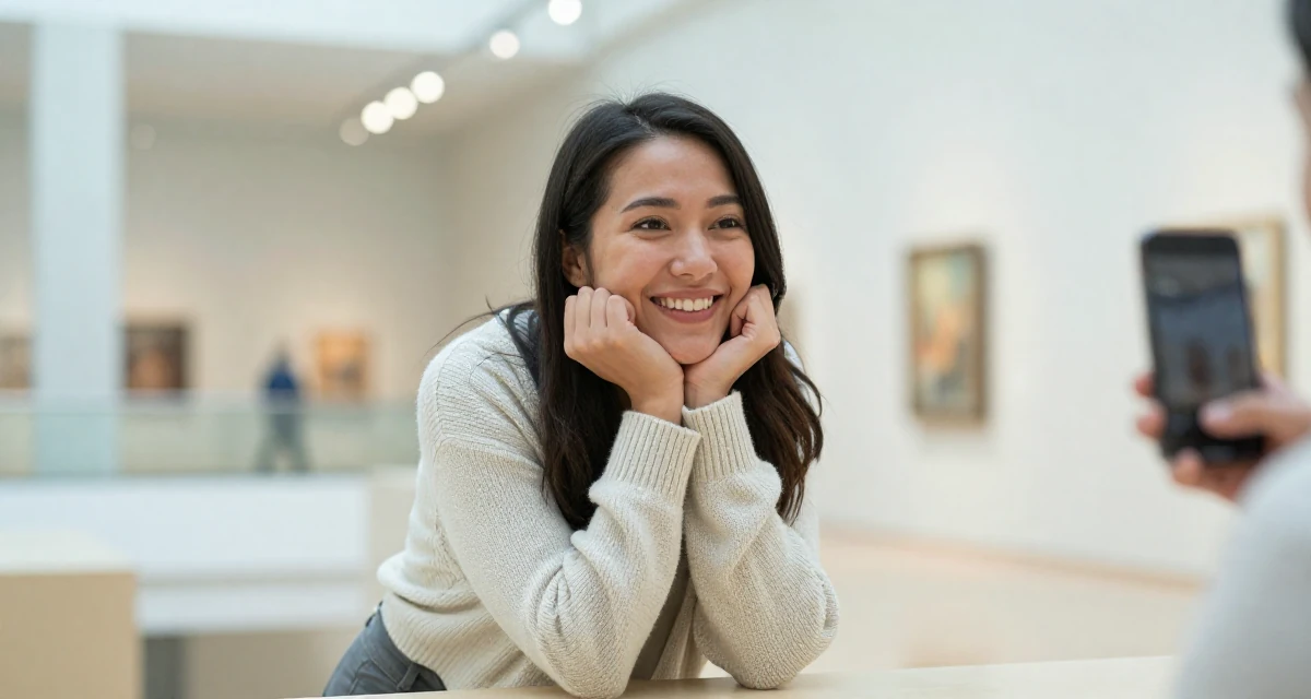 A victorious Female From United States, majored in development economics in their 24, forming long-term goals for the first time, wearing a cozy knit cardigan and slacks, waving to someone in a museum exhibit.