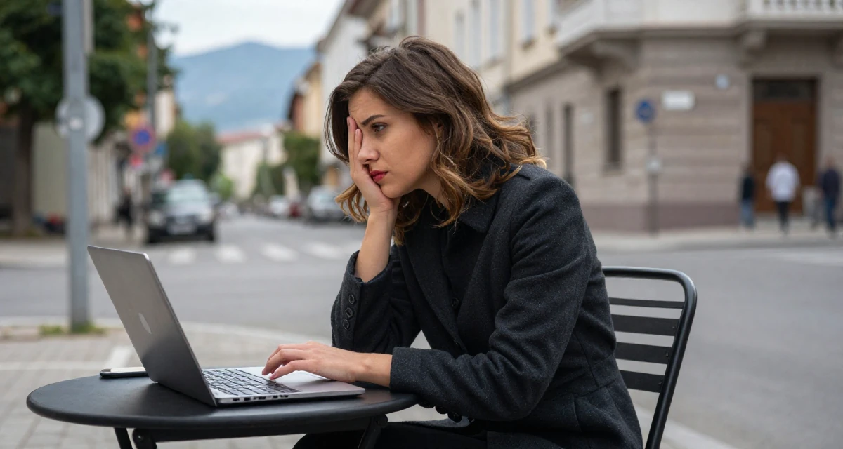 A bewitching Female From Bulgaria, based in Varna, graduated from an arts college majoring in atmospheric performance aesthetics in their 28, dealing with fatigue from years of online performance, wearing a dark academia inspired outfit, glancing sideways in a urban street.