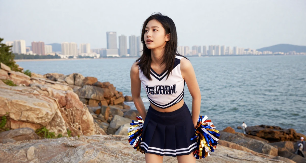 A radiant Female Once a violin student, now sharing aesthetic performance clips in their 24, maintaining anonymity while growing faster, wearing a cheerleader uniform with a cropped top and pom-poms, putting hands in pockets in a rocky ocean cliff.