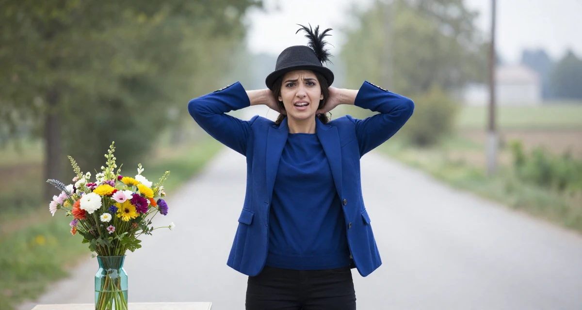 A ecstatic Female From Ankara Türkiye, holds a degree in international trade in their 22, wearing an ill-fitting blazer and looking nervous, wearing a royal musketeer tunic with a feathered hat, stretching the neck in a country road.
