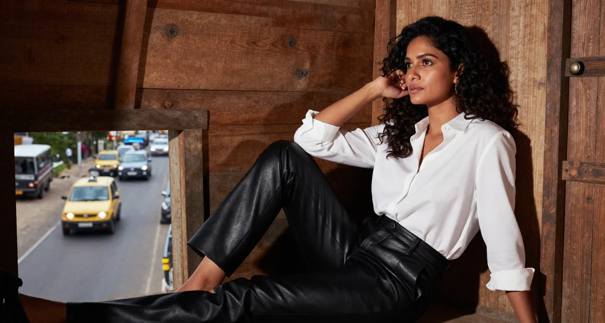 A tranquil Female From India, based in Bangalore, graduated from a technical institute majoring in information systems in their 36, preparing for a second child, wearing a black leather trousers and a crisp white blouse, watching traffic pass by in a rustic wooden cabin interior.