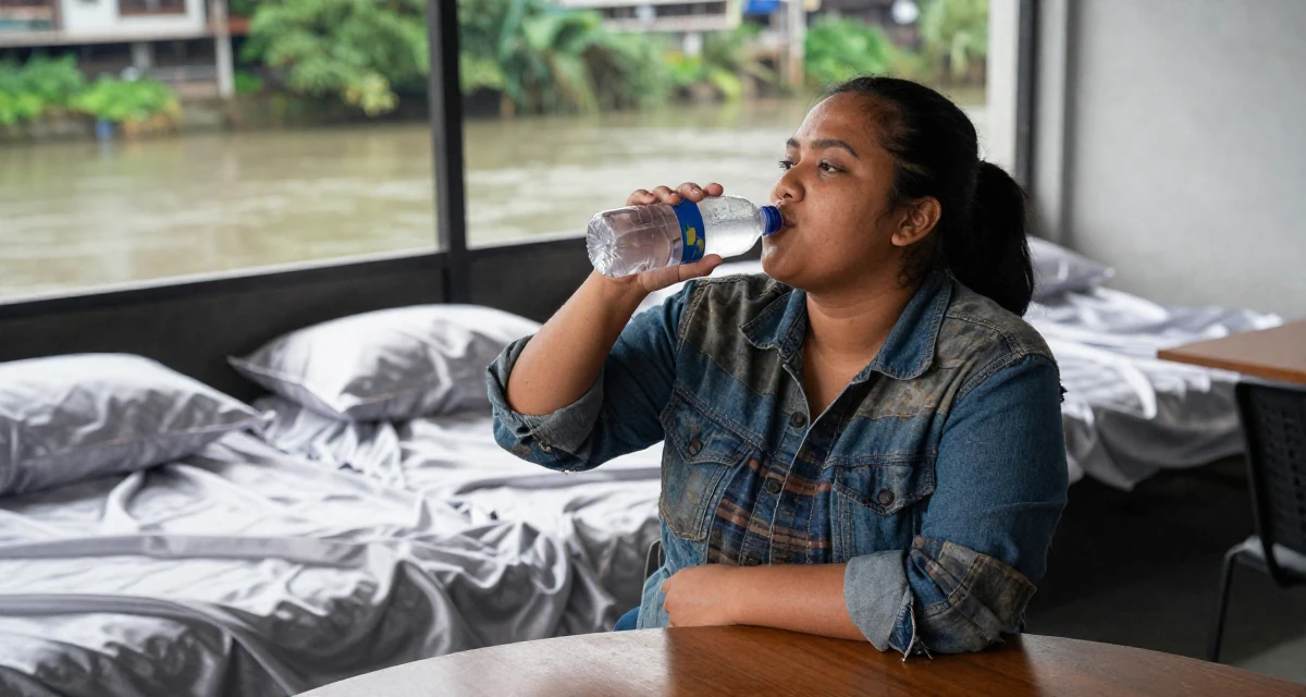 A sincere Female From Jakarta Indonesia, developed body-positive messaging through community work in their 22, confronting competitive job markets, wearing a rugged flannel shirt and denim, drinking from a water bottle in a waiting room.