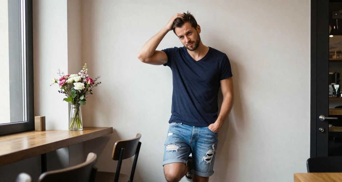A magnetic male From Germany, majored in mechanical engineering in their 20, discovering their first real sense of independence, wearing a deep v-neck t-shirt and distressed denim shorts, scratching the head in confusion in a coffee shop corner.