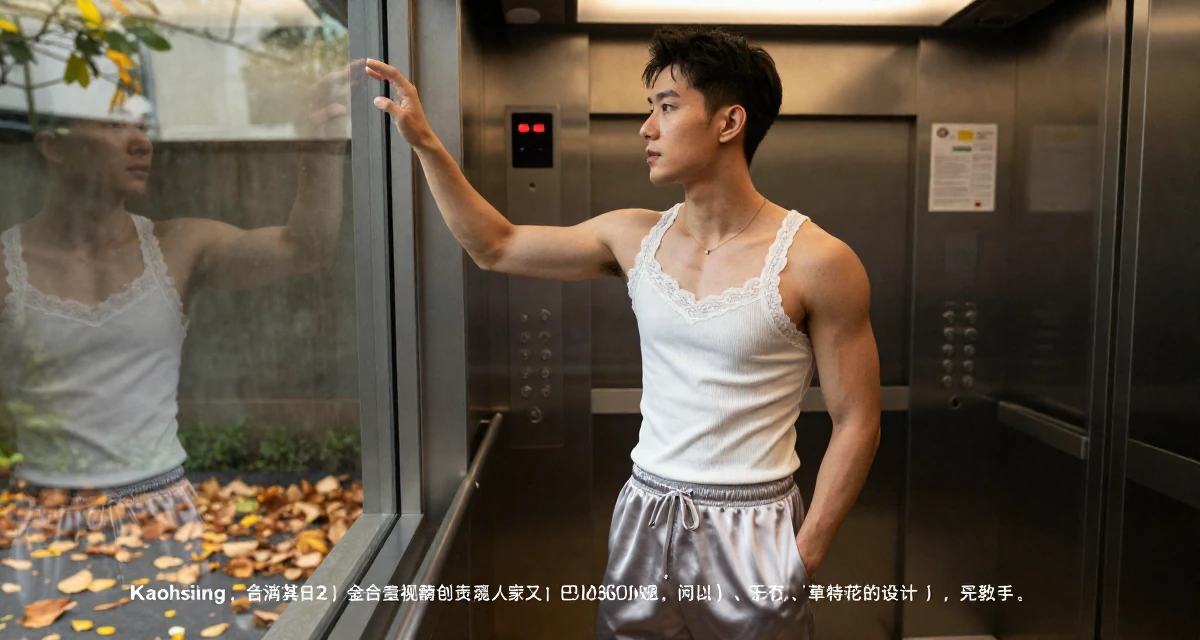 A zen-like male From Kaohsiung Taiwan, started modeling while studying visual design in their 22, managing new financial responsibilities, wearing a lace-trimmed camisole and silk lounge shorts, looking out the window in a elevator hall.