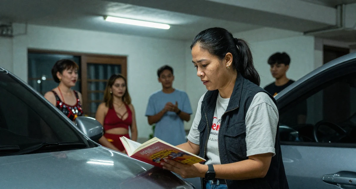 A nostalgic Female From Bangkok Thailand, learned nightclub choreography and costume design in their 47, sharing tips on managing a multigenerational home, wearing a casual vest and t-shirt layer, opening a book in a modern apartment.