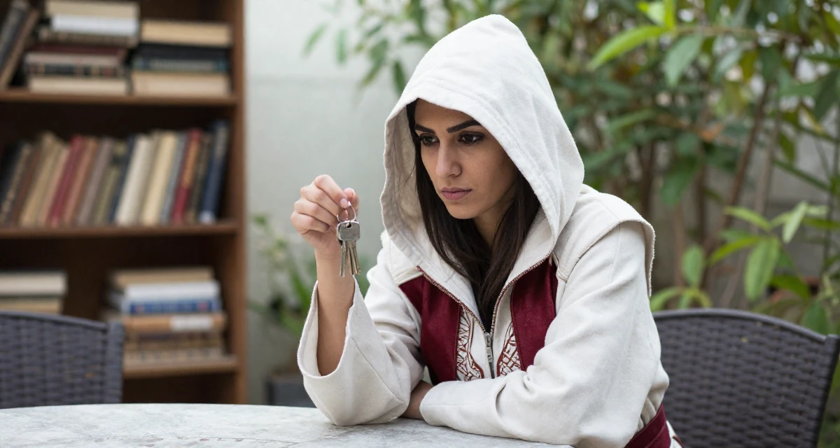 A stoic and strong Female Born in Iran, majored in multimedia communication in their 22, mastering the art of subtle teasing through framing, wearing a assassin creed style hooded robe and tunic, holding a set of keys in a garden patio.