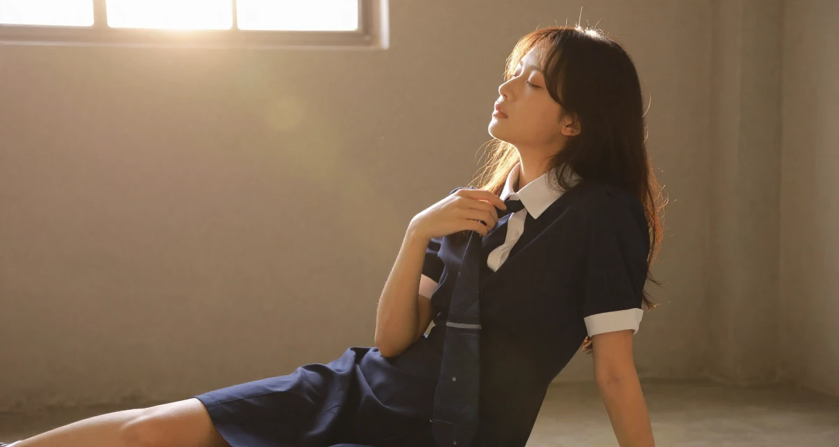 A solemn Female Previously a travel-blog student, now turning trips into premium creator content in their 26, searching for a partner with shared values, wearing a navy blue dress with white collar and cuffs, playing with a tie in a basement studio.