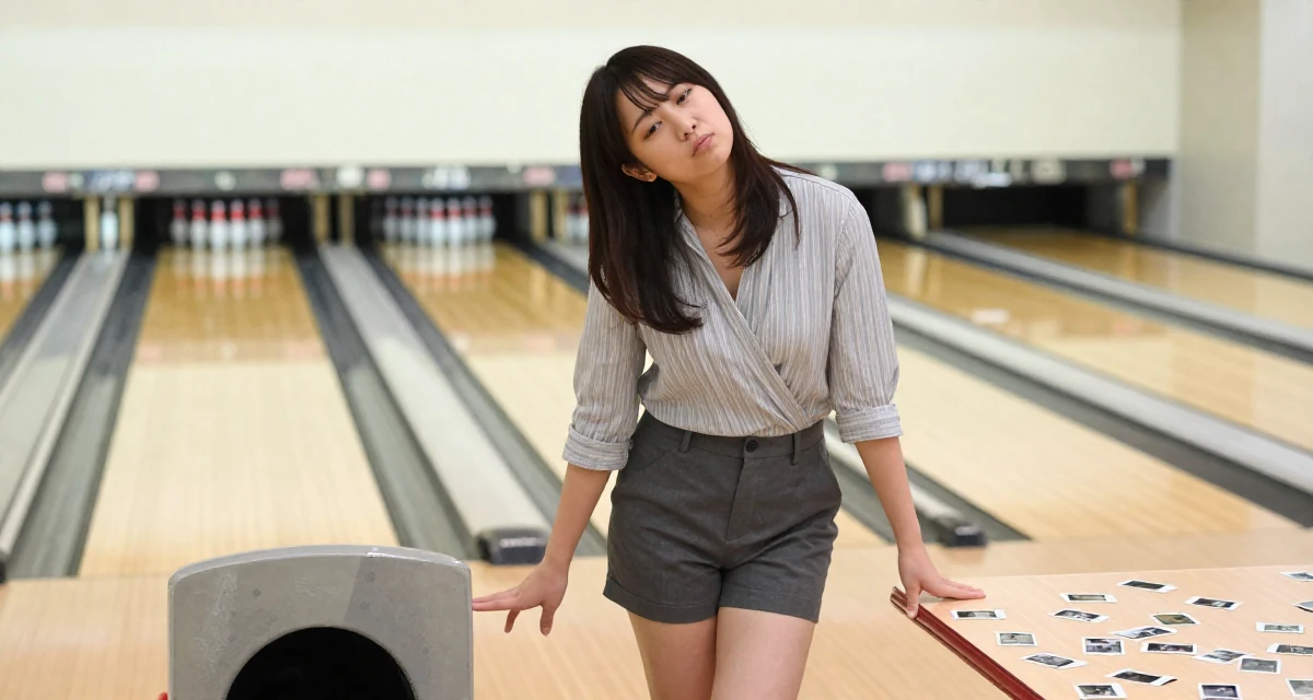 A lazy Female From Japan, majored in information systems in their 25, struggling with academic workload, wearing a wrap-front blouse and tailored shorts, resting hands on a table in a bowling alley.