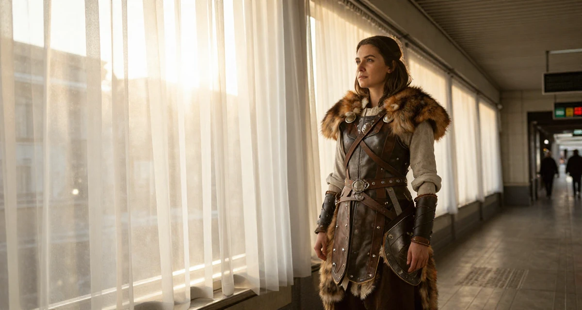 A composed Female From Kazakhstan, studied financial mathematics in their 30, knowing the hustle is hard but quitting feels worse, wearing a viking shield-maiden outfit with fur and leather, rolling up sleeves in a subway station.