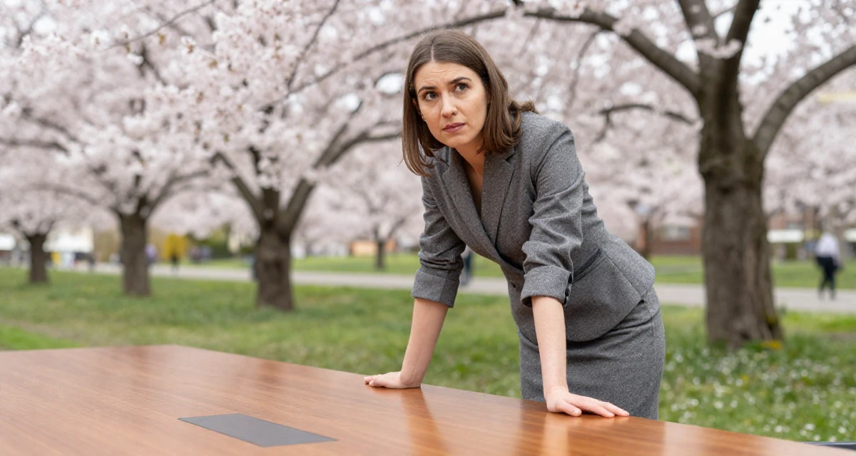 A mischievous Female From Prague Czech Republic, majored in multimedia journalism in their 25, figuring out social roles and self-image, wearing a grey wool skirt suit with a fitted jacket, rolling up sleeves in a cherry blossom park.
