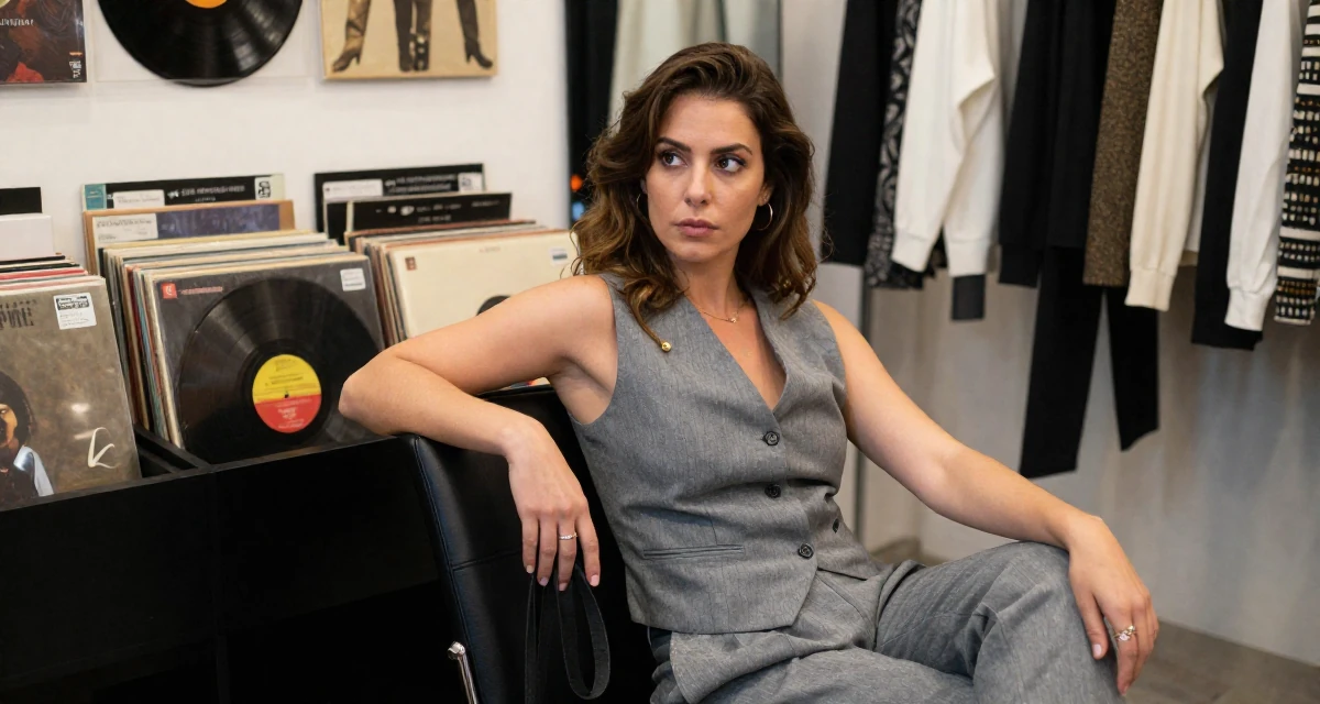 A mysterious Female From Spain, studied audiovisual communication in their 34, redefining what success means personally, wearing a grey vest and matching trousers outfit, holding a leash in a clothing boutique.