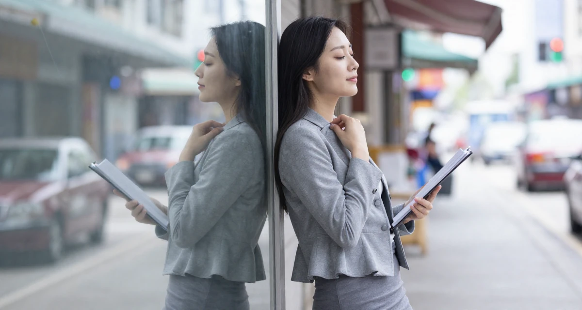 A serene and peaceful Female From Hong Kong, holds a business administration degree in their 25, managing tight budgets as a student, wearing a structured peplum jacket and a tight skirt, fixing a collar in a bustling market.