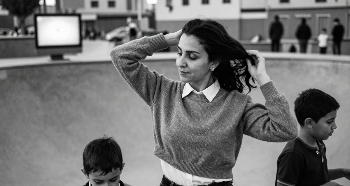 A serene and peaceful Female From Morocco, based in Casablanca, graduated from a cultural college majoring in expressive movement studies in their 45, helping kids through school, wearing a cropped sweater over a collared shirt, brushing hair back in a skate park.
