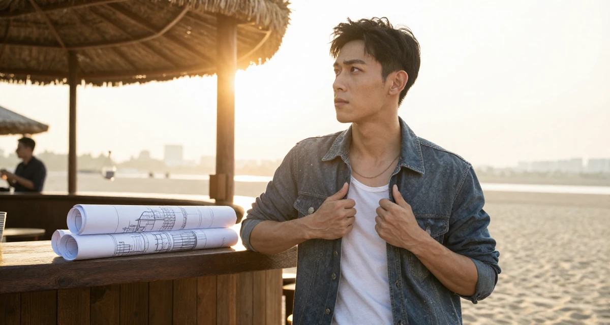 A assertive male From China, based in Chengdu, graduated from a vocational college majoring in digital communication in their 23, figuring out how to show confidence through body language, wearing a comfortable urban casual outfit, gripping a lapel in a beach bar.