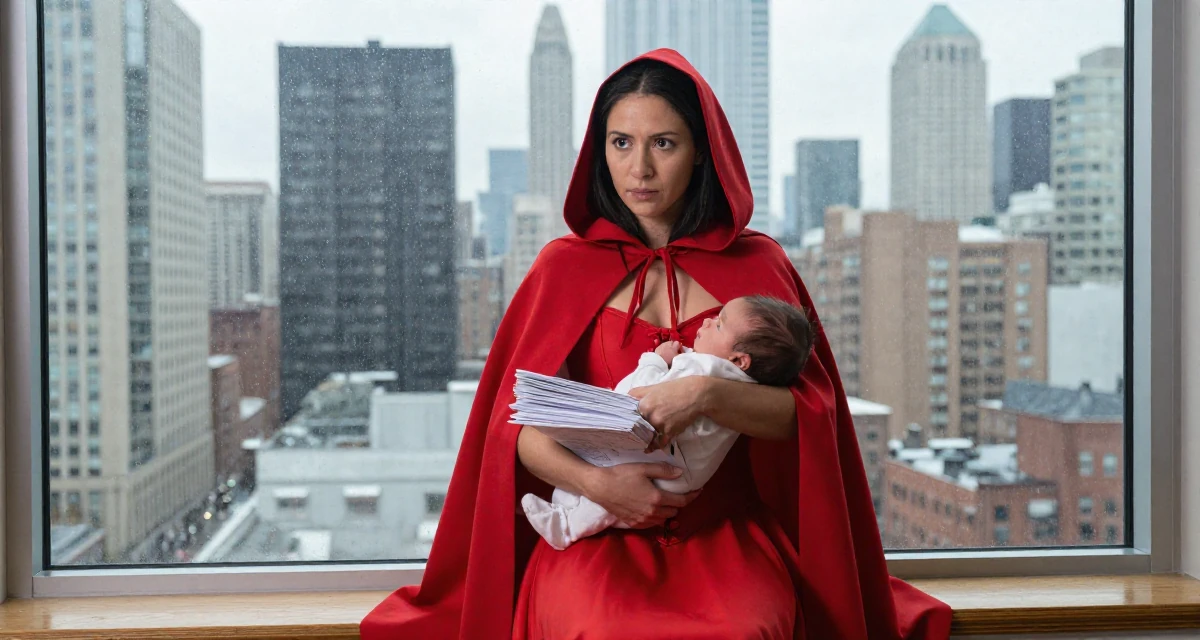 A curious and focused Female From Canada, majored in anthropology in their 35, caring for a newborn, wearing a red riding hood inspired cape and corset dress, carrying a stack of documents in a rainy window seat.