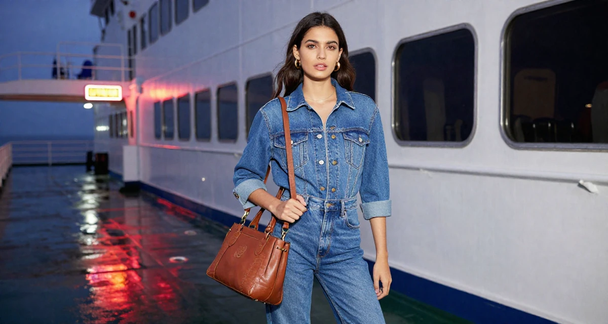 A aloof but intriguing Female From Costa Rica, studied environmental engineering in their 23, balancing sensual creativity with school deadlines, wearing a fashionable denim on denim, carrying a leather handbag in a ferry deck.