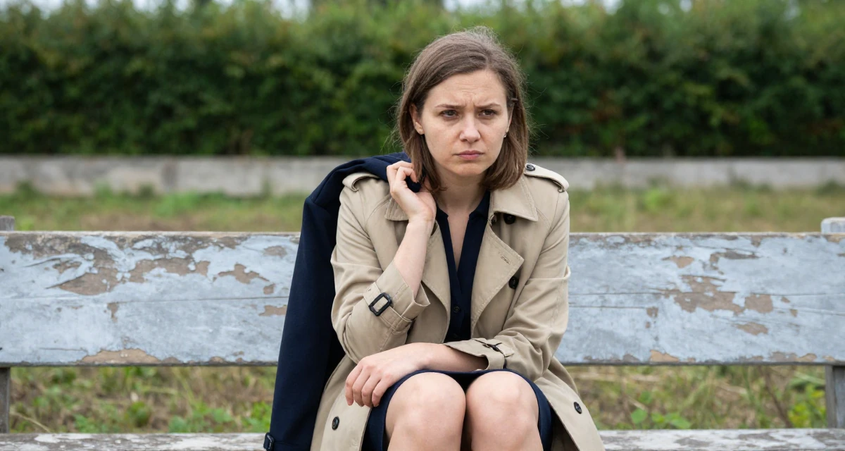 A quietly confident Female From Ukraine, studied software engineering in their 37, embracing the chaos of family life with humor, wearing a classic trench coat worn over a business dress, holding a jacket over a shoulder in a farm field.