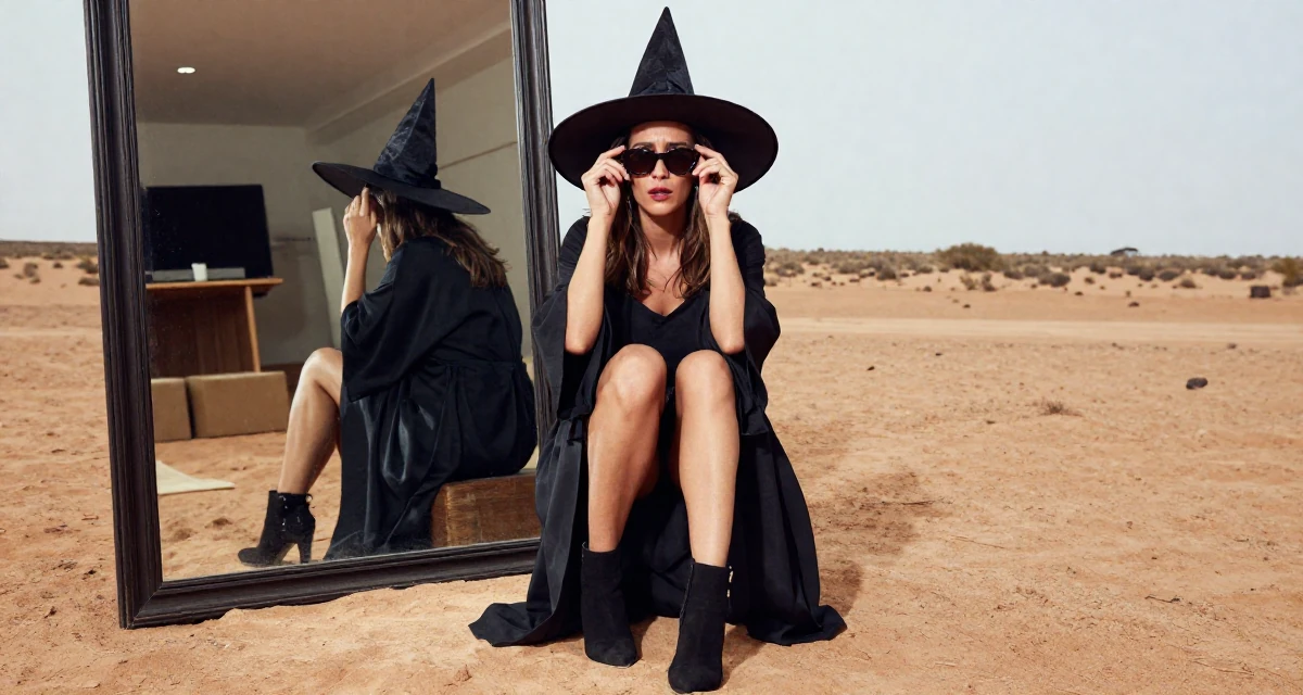 A emotional Female Born in South Africa, studied political communication in their 50, established authority in a niche industry, wearing a classic witch costume with a wide-brimmed hat, lowering sunglasses to look out in a desert landscape.