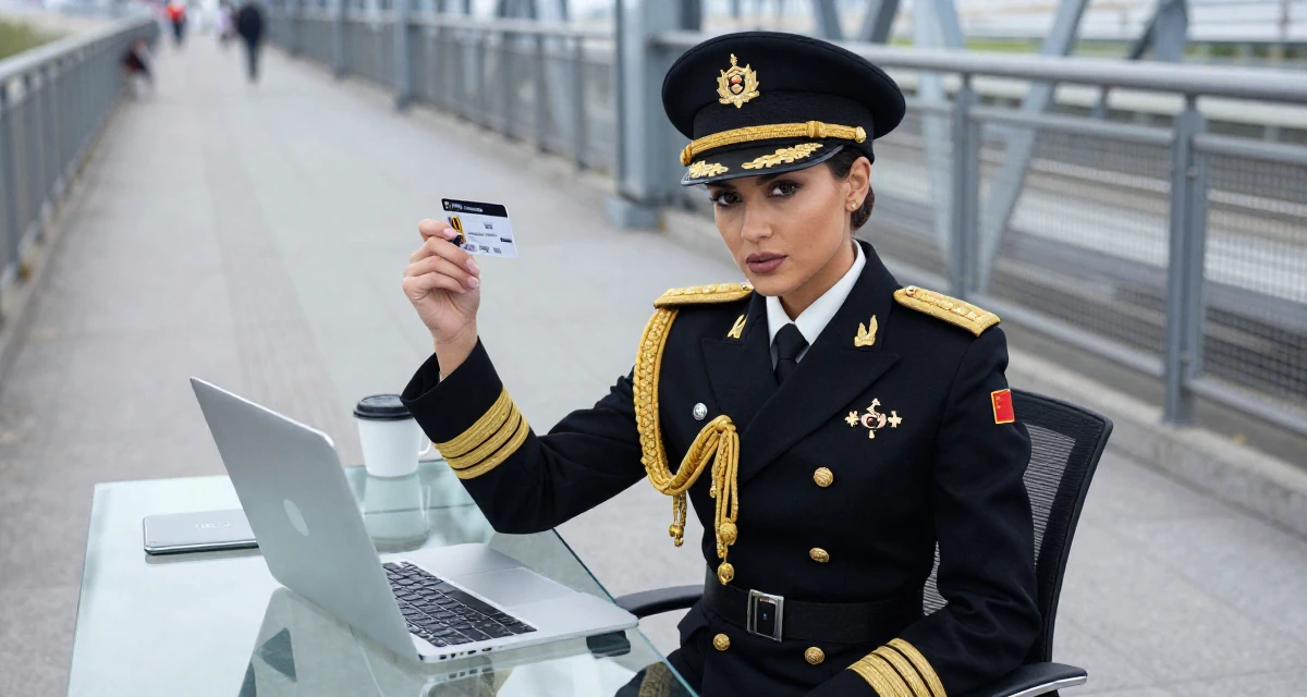 A settled Female Once a university researcher, now creating slow-life intimate content in their 25, fully owning a bold, seductive creator identity, wearing a military general uniform with gold braiding and a hat, holding a subway card in a bridge walkway.