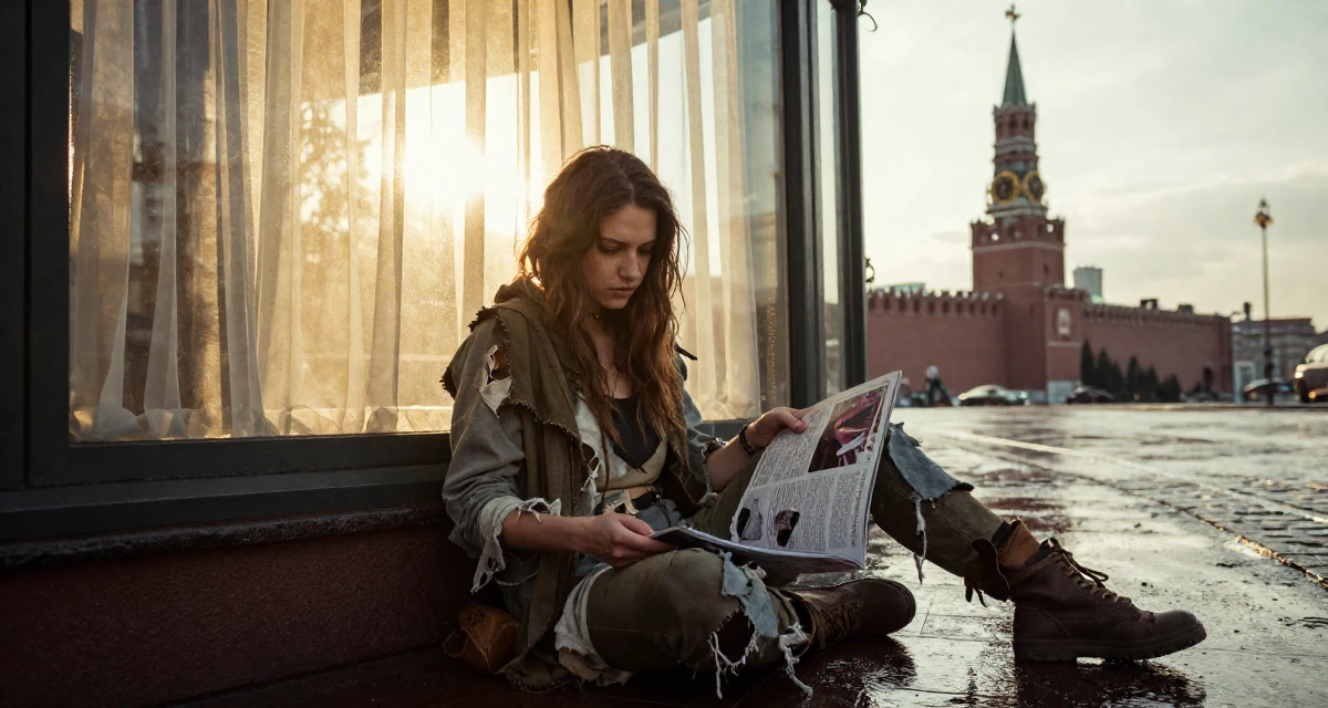 A thoughtfully silent Female From Moscow Russia, majored in linguistics in their 25, figuring out boundaries while trying small photo sets, wearing a zombie apocalypse survivor gear with torn clothes, flipping through a magazine in a rainy street corner.